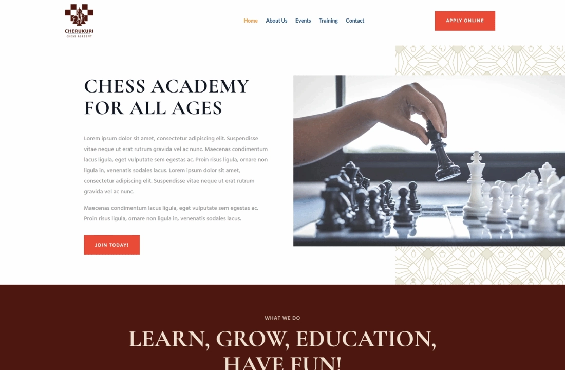 Hero section: left-aligned headline 'Chess Academy for All Ages' with body text and 'Join Today' button; right side shows a hand moving a black knight on a chessboard.