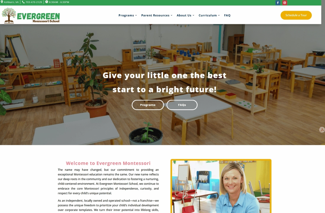 Montessori classroom with wooden furniture and plants; large overlay text reads 'Give your little one the best start to a bright future!'