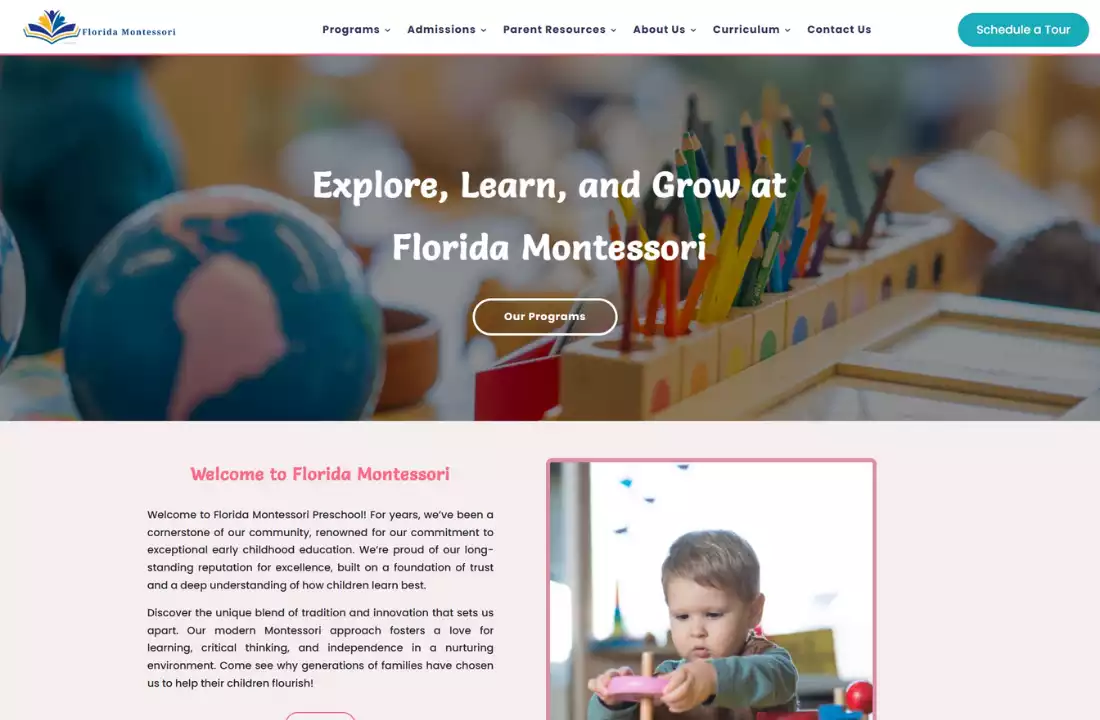 Hero banner of a Montessori classroom with a globe and colorful pencils; overlay text reads 'Explore, Learn, and Grow at Florida Montessori' and a call-to-action 'Our Programs'.