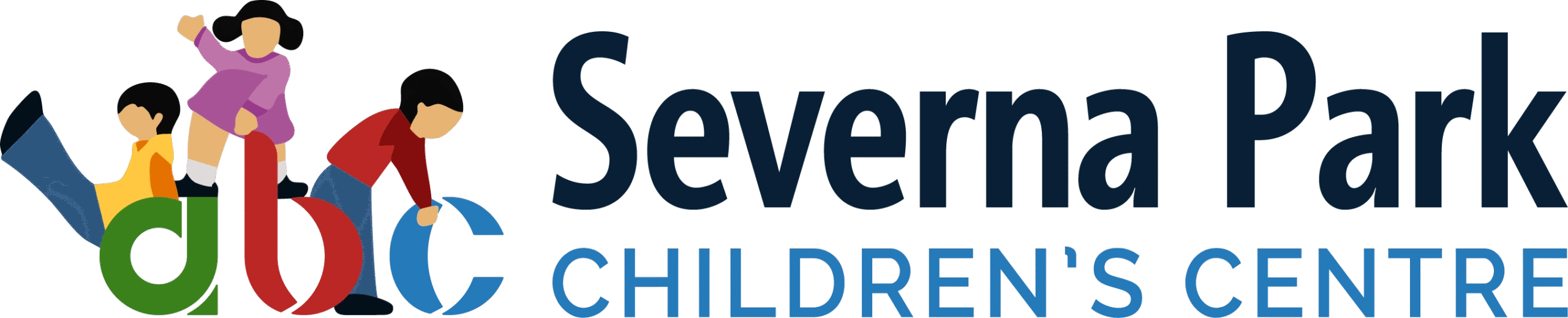 Logo banner for Severna Park Children's Centre with stylized children and bold typography in blue and teal.