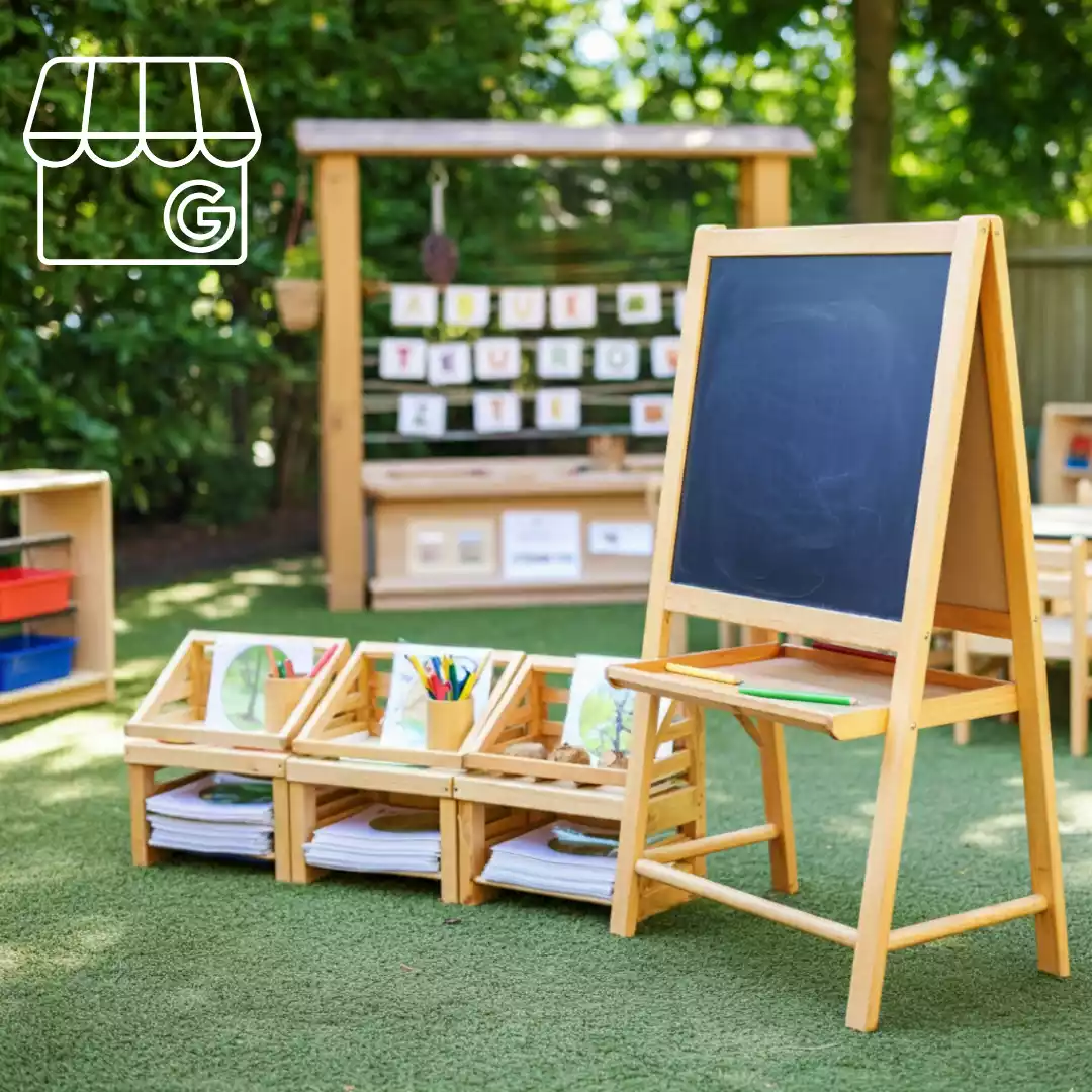 Outdoor children's art area with a large chalkboard easel, wooden shelves of papers and supplies, and a leafy yard backdrop.