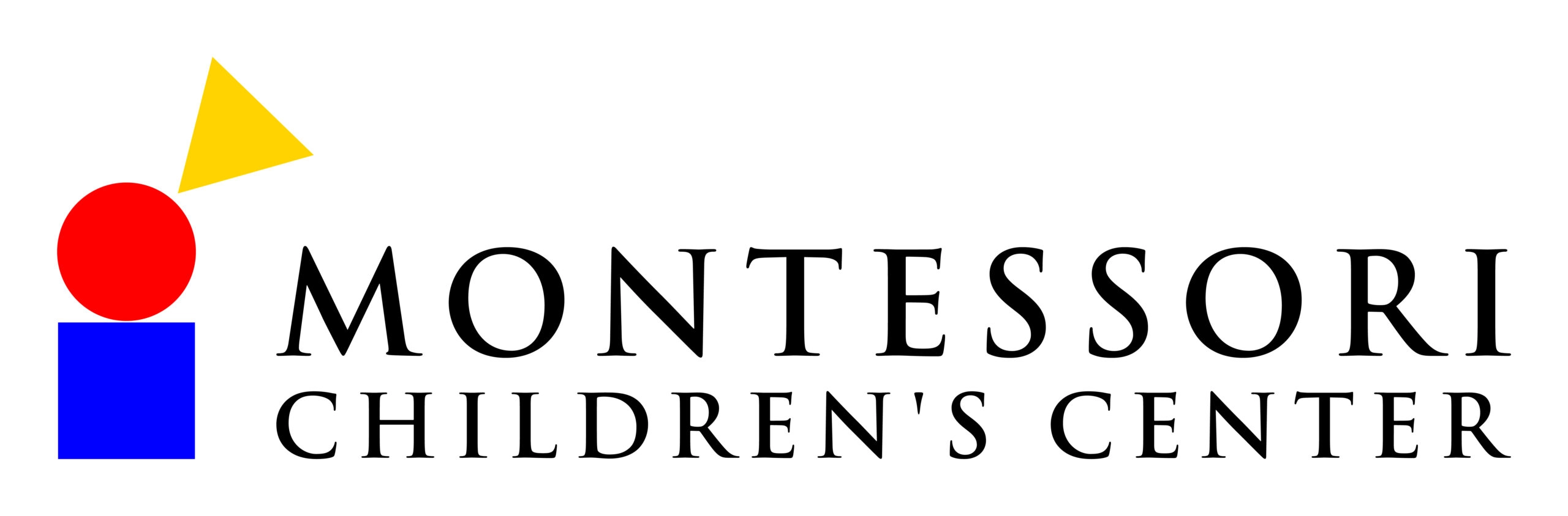 Montessori Children's Center logo with a yellow triangle, red circle, and blue square beside the black serif text.