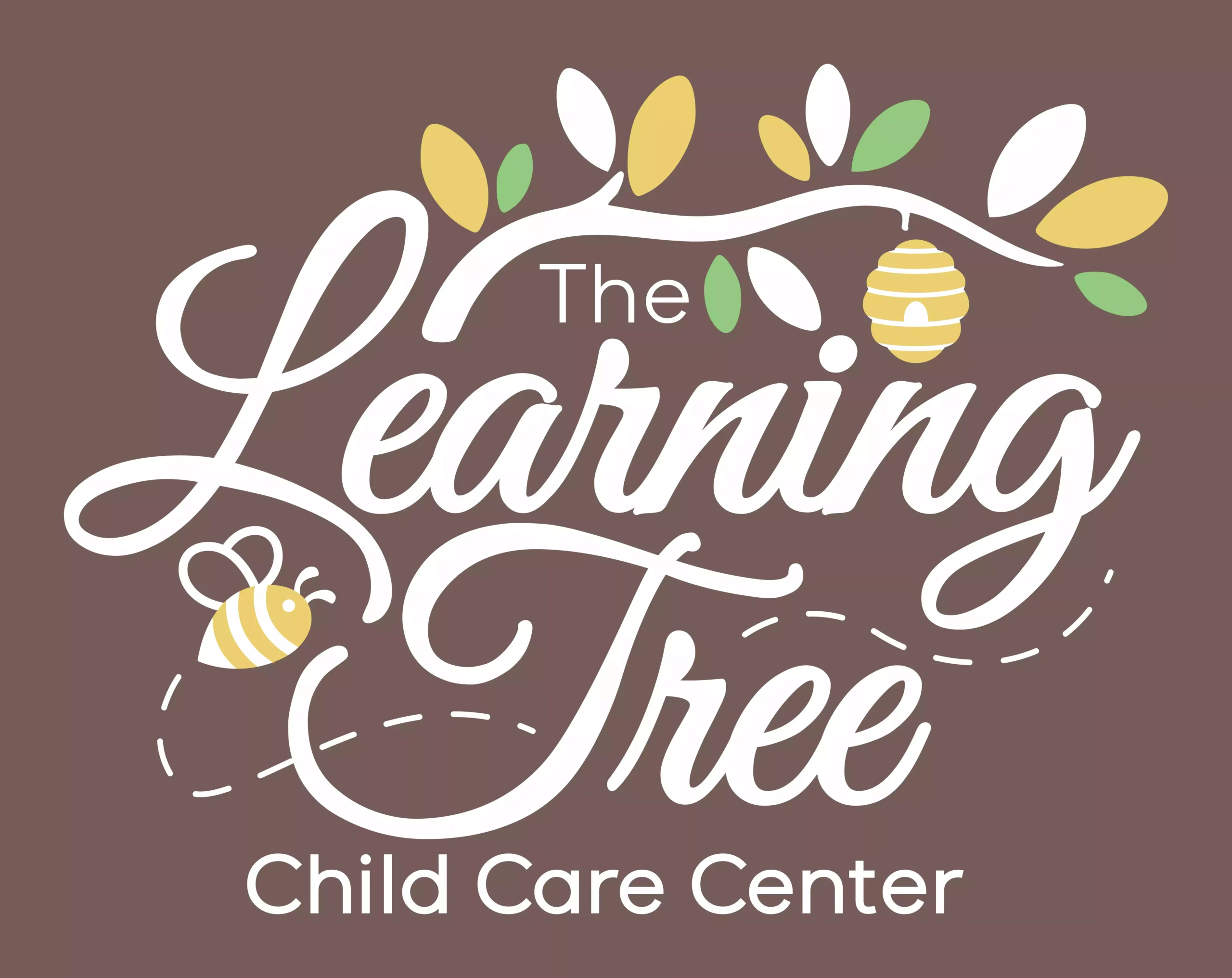 Logo for The Learning Center Child Care Center with white script, bees and colorful leaves on a brown background