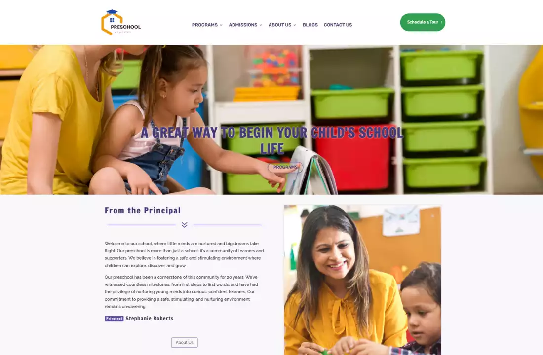 Children and teacher reading a book together in a bright preschool classroom with colorful storage bins behind them, promoting early education.