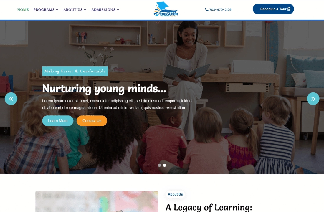 Teacher reading a book to children seated on the floor in a classroom; banner reads “Nurturing young minds…”