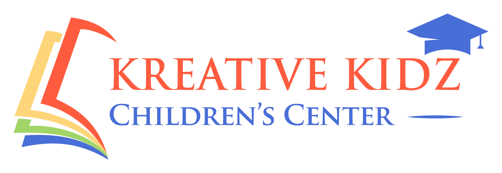 Logo for Kreative Kidz Children's Center with a multicolored open-book design on the left and a blue graduation cap on the right.